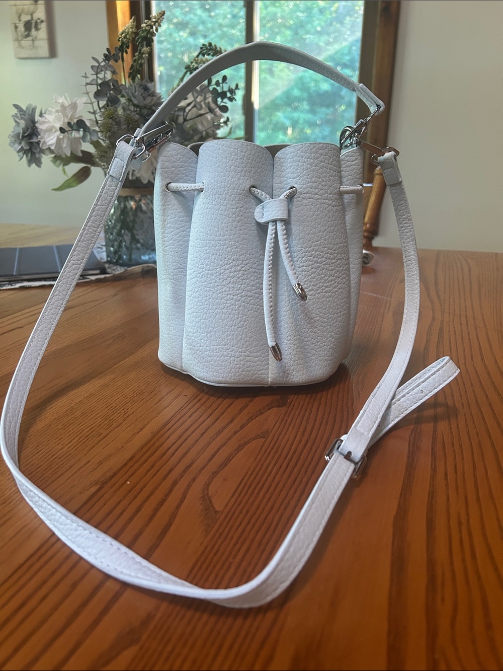 Baby Blue Pebbled Mini Bucket Bag with Adjustable Strap
